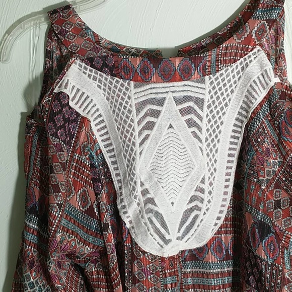 NWT By & By Southwestern Print Lace Insert 3/4 sleeve open shoulder top sz M - Picture 7 of 8